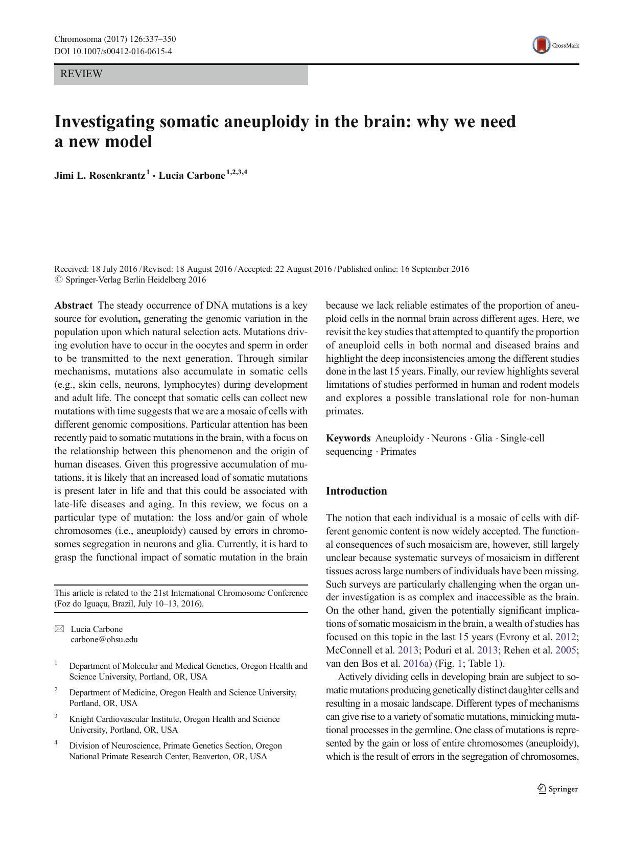Investigating somatic aneuploidy in the brain: why we need a new model by Jimi L. Rosenkrantz & Lucia Carbone