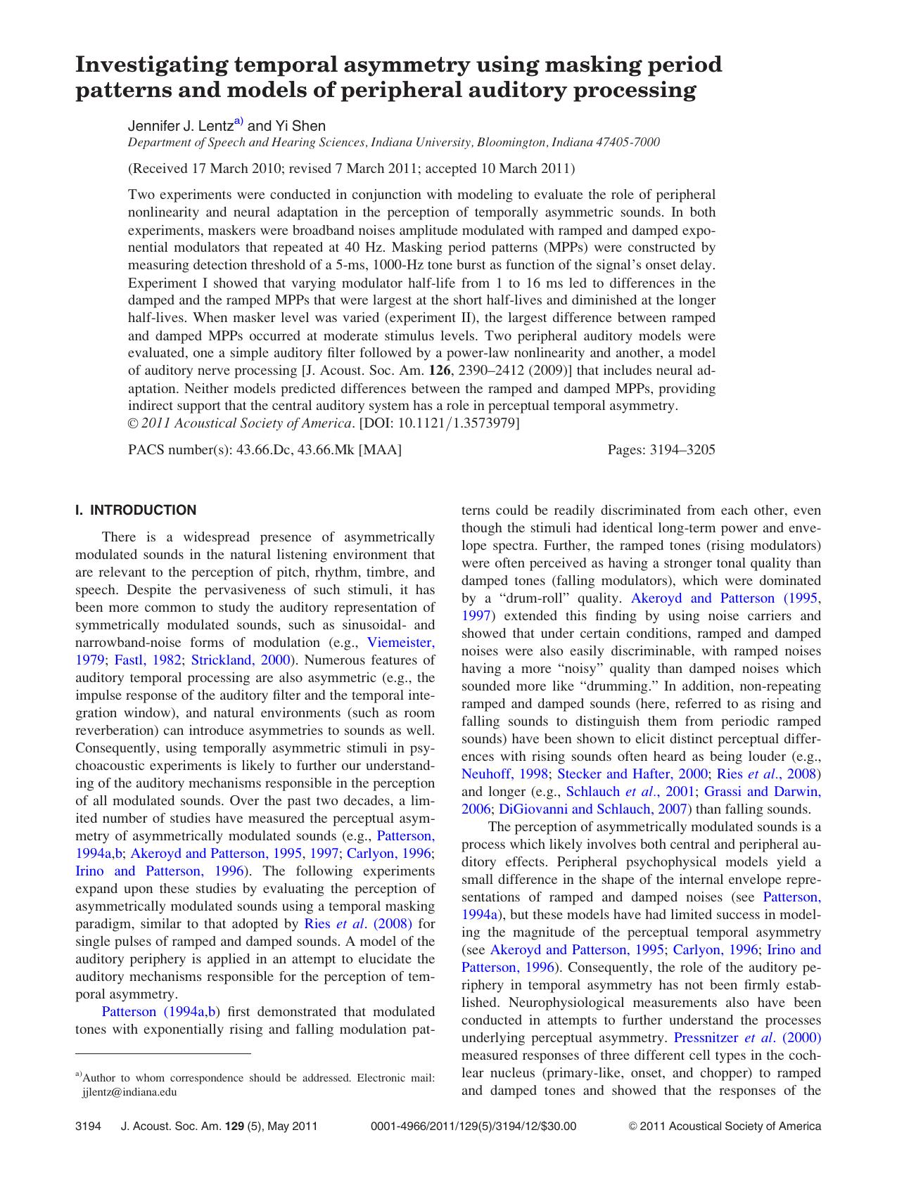 Investigating temporal asymmetry using masking period patterns and models of peripheral auditory processing by Jennifer J. Lentz and Yi Shen