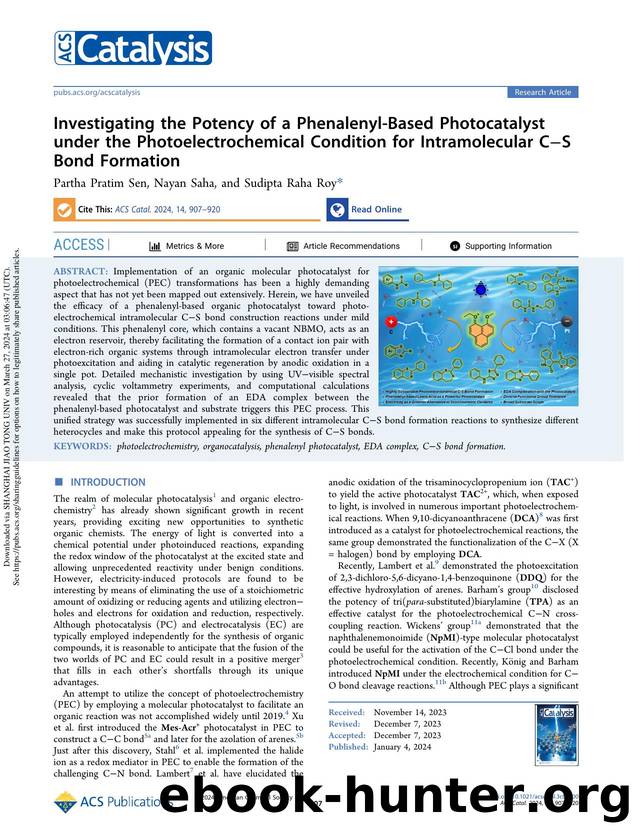 Investigating the Potency of a Phenalenyl-Based Photocatalyst under the Photoelectrochemical Condition for Intramolecular CâS Bond Formation by Partha Pratim Sen Nayan Saha & Sudipta Raha Roy