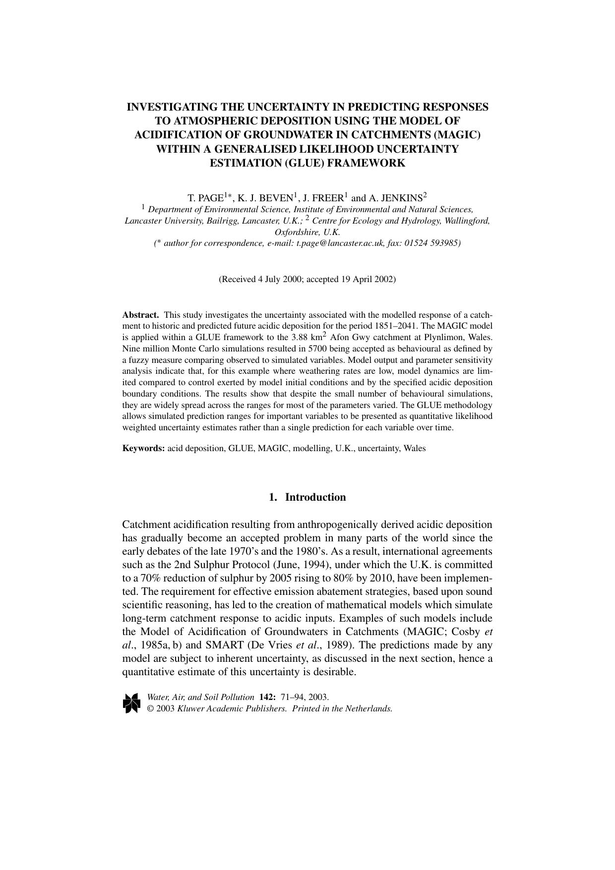 Investigating the Uncertainty in Predicting Responses to Atmospheric Deposition using the Model of Acidification of Groundwater in Catchments (MAGIC) within a Generalised Likelihoo by Unknown
