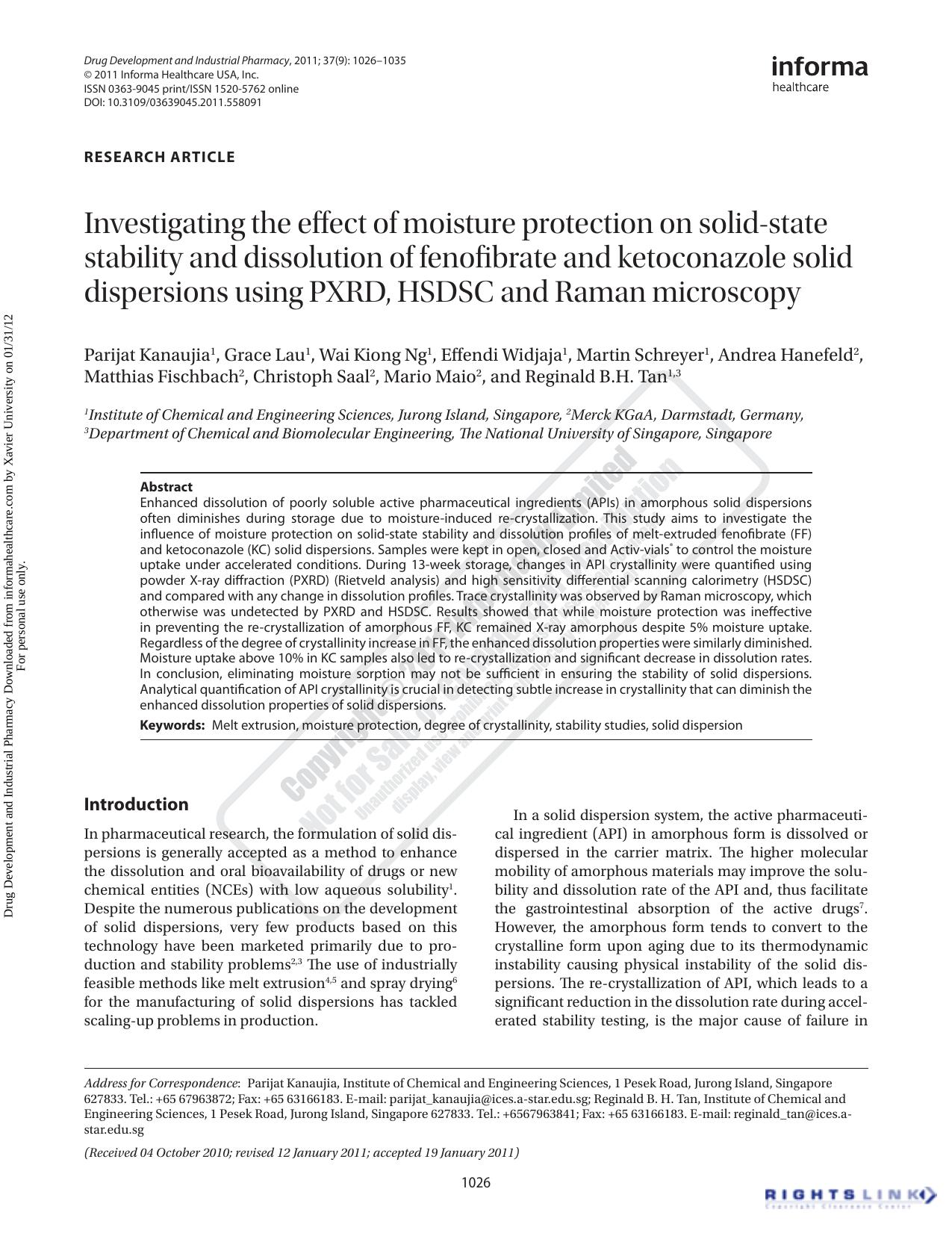 Investigating the effect of moisture protection on solid-state stability and dissolution of fenofibrate and ketoconazole solid dispersions using PXRD, HSDSC and Raman microscopy by unknow