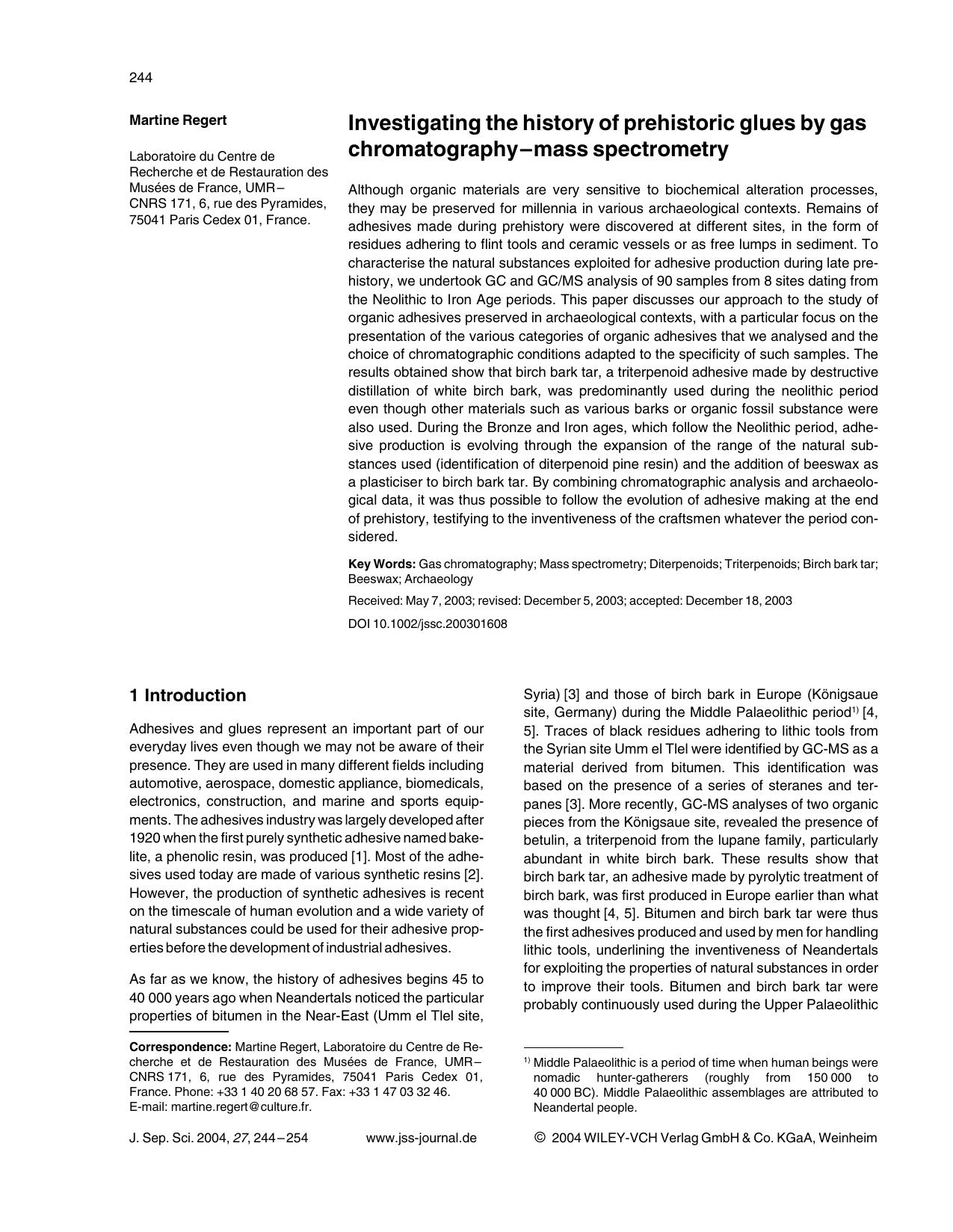 Investigating the history of prehistoric glues by gas chromatography-mass spectrometry by Unknown