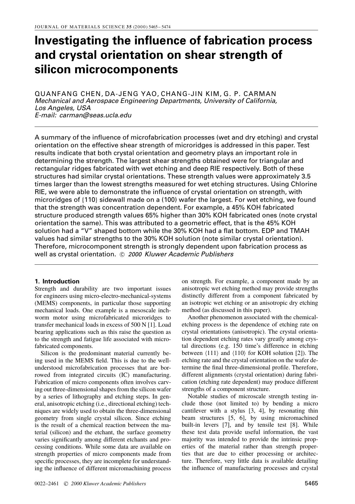 Investigating the influence of fabrication process and crystal orientation on shear strength of silicon microcomponents by Unknown
