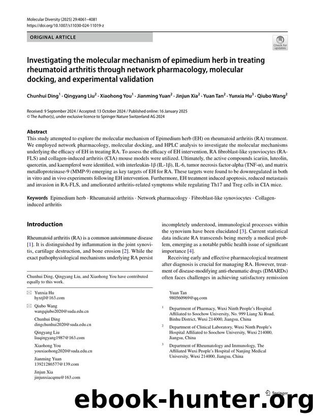 Investigating the molecular mechanism of epimedium herb in treating rheumatoid arthritis through network pharmacology, molecular docking, and experimental validation by unknow