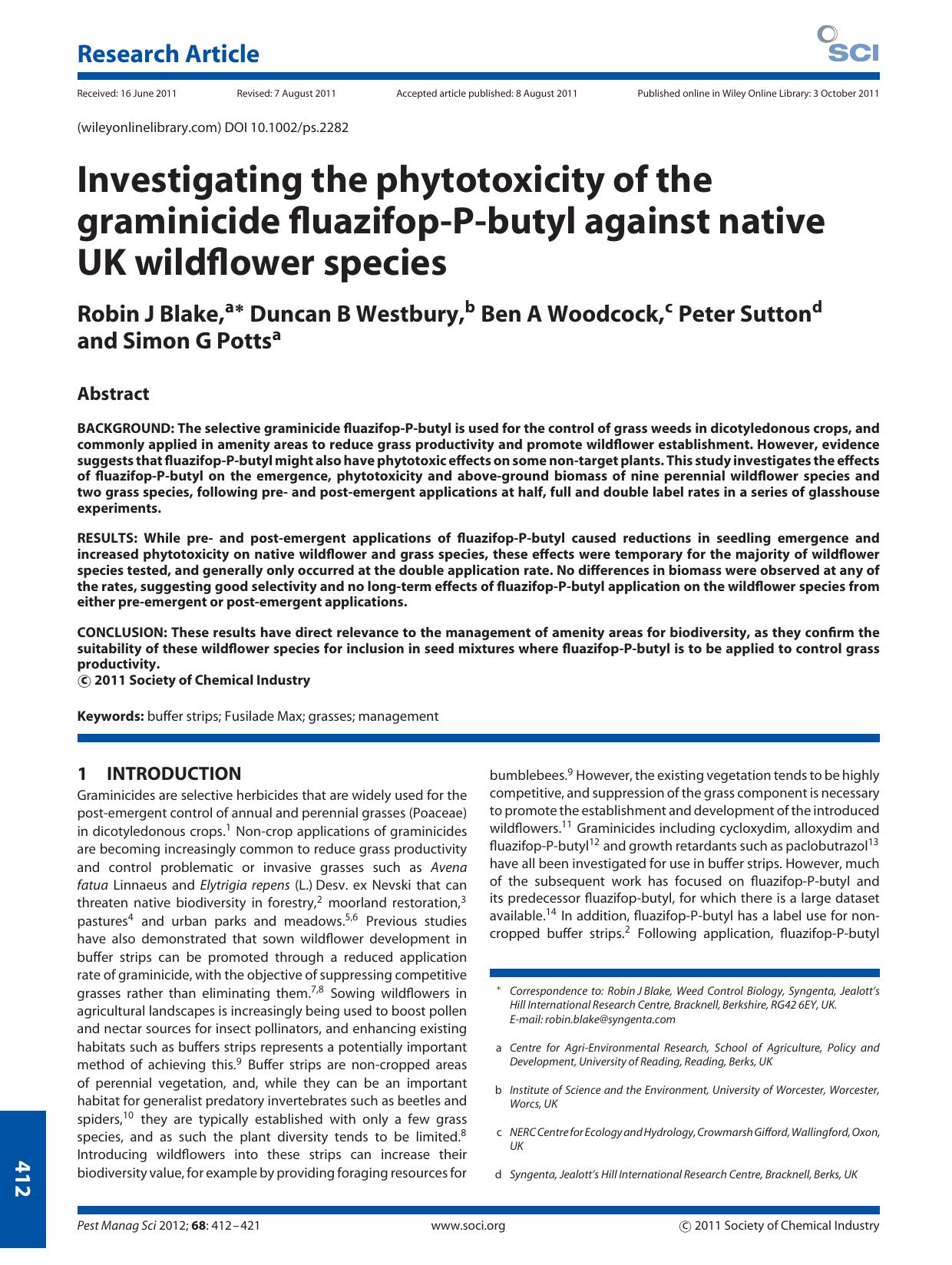 Investigating the phytotoxicity of the graminicide fluazifopPbutyl against native UK wildflower species by Unknown