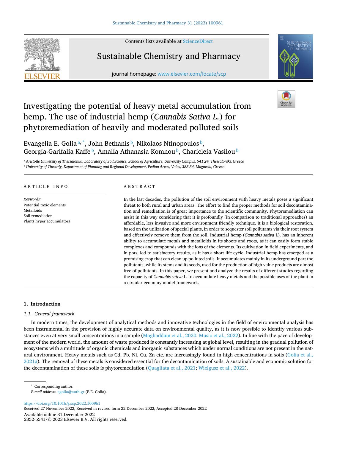 Investigating the potential of heavy metal accumulation from hemp. The use of industrial hemp ( Cannabis Sativa L. ) for phytoremediation of heavily and moderated polluted soils by unknow