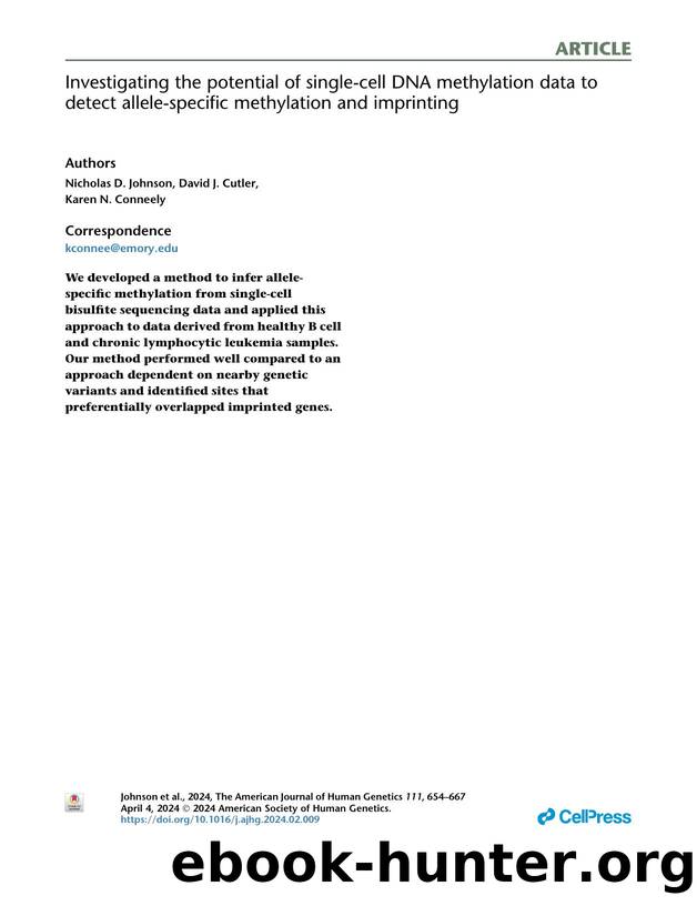 Investigating the potential of single-cell DNA methylation data to detect allele-specific methylation and imprinting by Nicholas D. Johnson & David J. Cutler & Karen N. Conneely