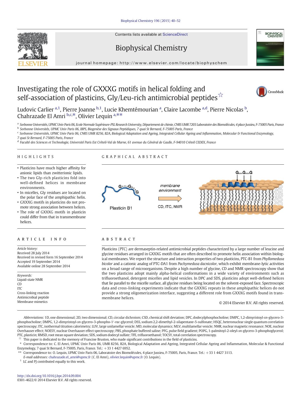 Investigating the role of GXXXG motifs in helical folding and self-association of plasticins, GlyLeu-rich antimicrobial peptides by unknow