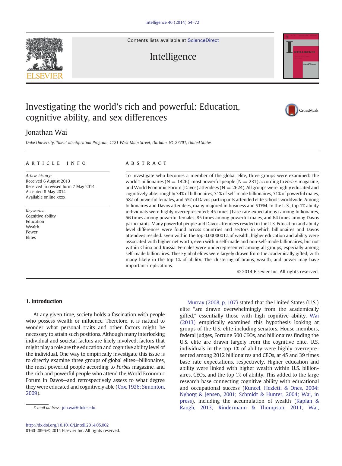 Investigating the world's rich and powerful: Education, cognitive ability, and sex differences by Jonathan Wai