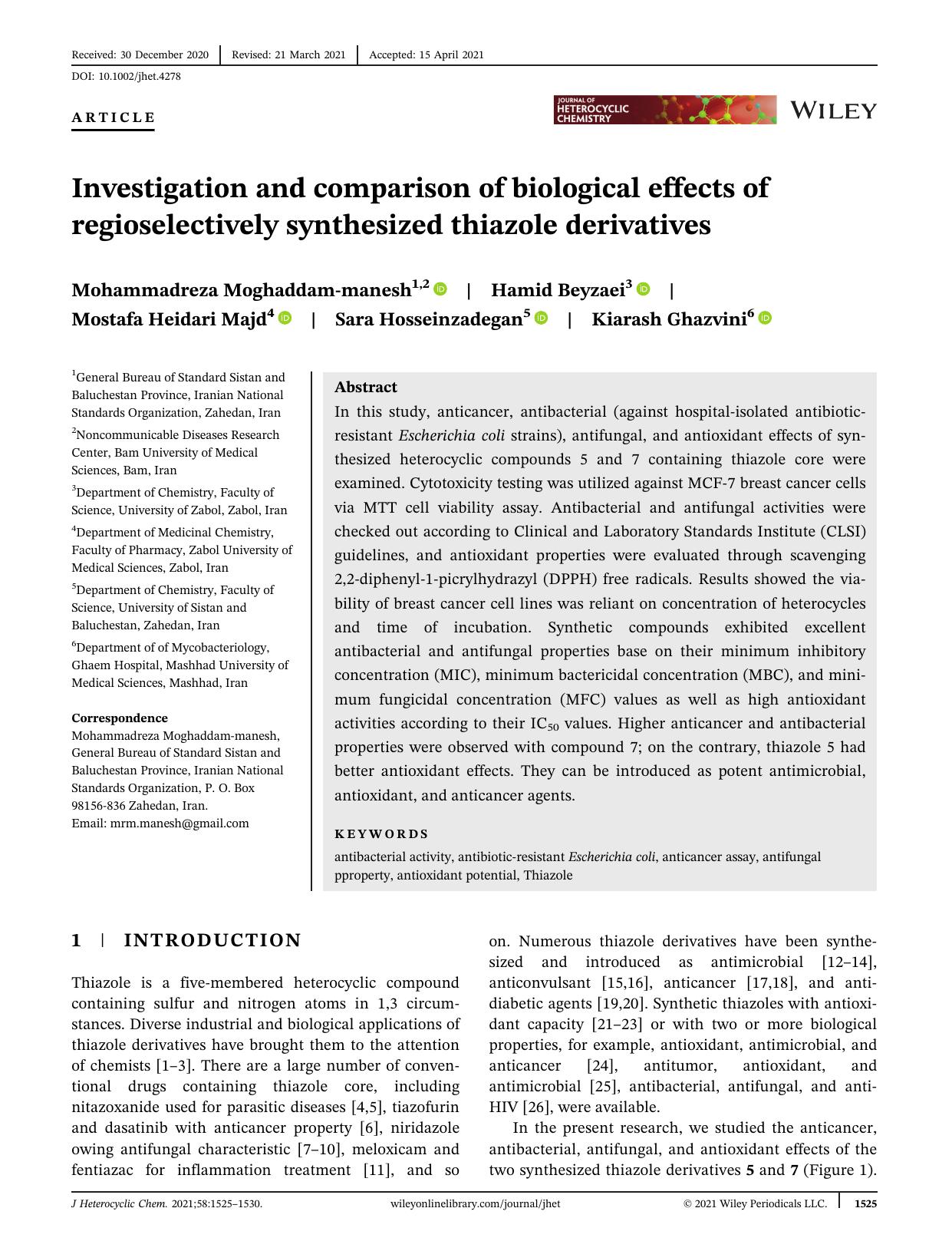 Investigation and comparison of biological effects of regioselectively synthesized thiazole derivatives by Unknown