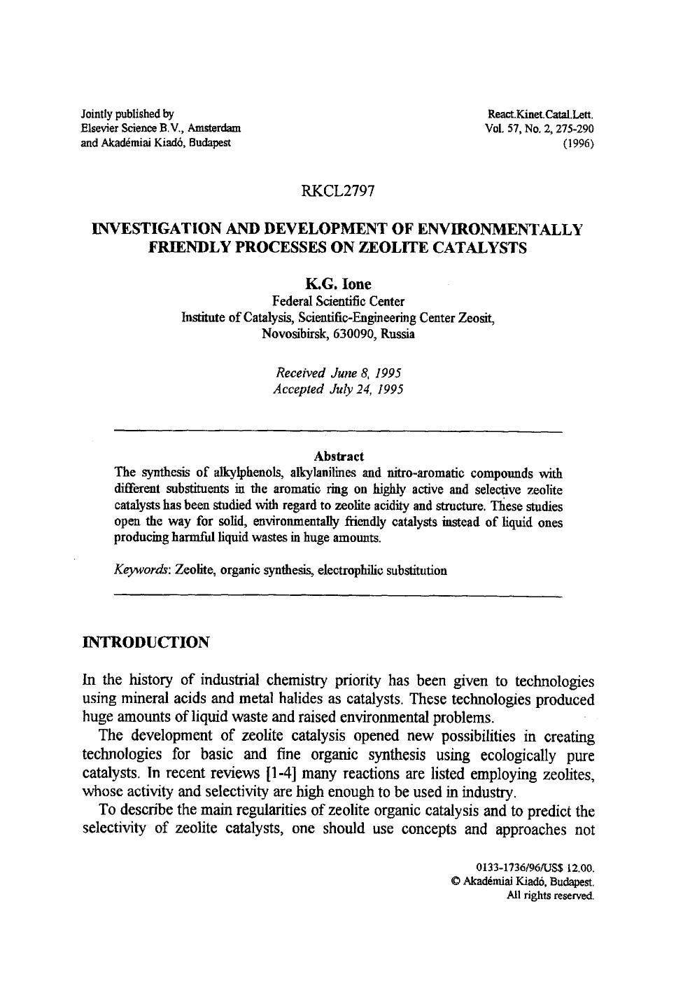 Investigation and development of environmentally friendly processes on zeolite catalysts by Unknown