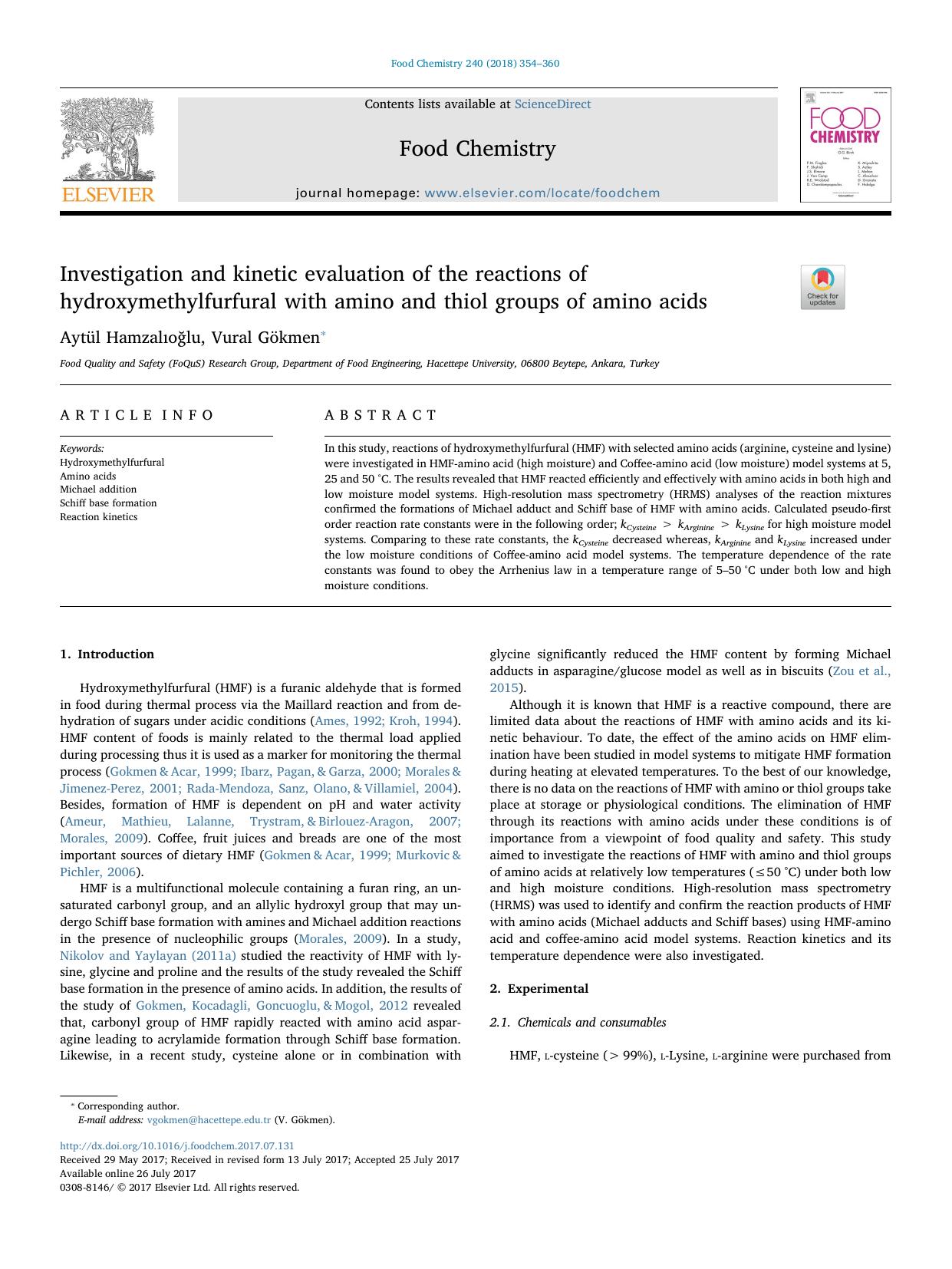 Investigation and kinetic evaluation of the reactions of hydroxymethylfurfural with amino and thiol groups of amino acids by Aytül Hamzalıoğlu & Vural Gökmen