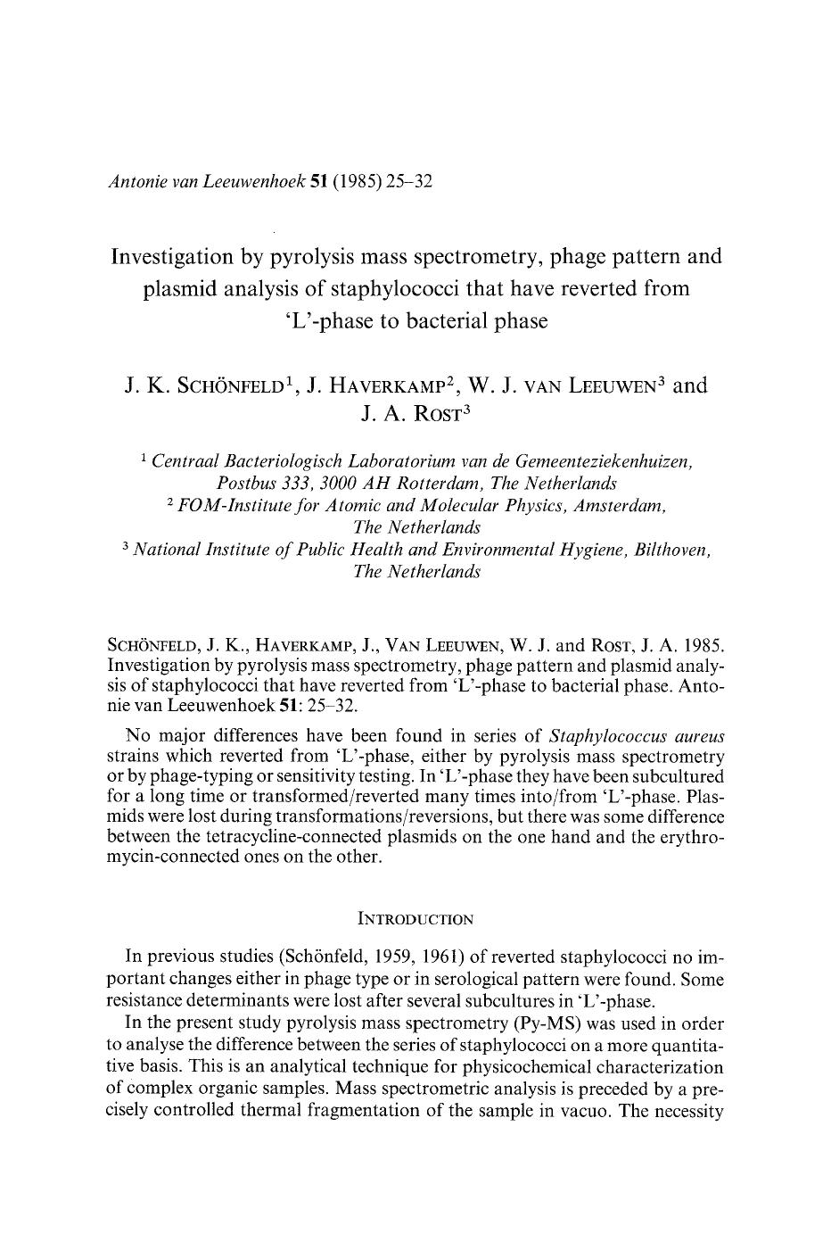 Investigation by pyrolysis mass spectrometry, phage pattern and plasmid analysis of staphylococci that have reverted from ‘L’-phase to bacterial phase by Unknown