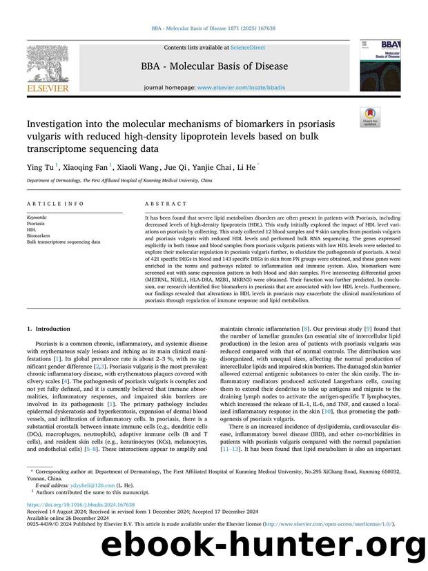 Investigation into the molecular mechanisms of biomarkers in psoriasis vulgaris with reduced high-density lipoprotein levels based on bulk transcriptome sequencing data by Ying Tu & Xiaoqing Fan & Xiaoli Wang & Jue Qi & Yanjie Chai & Li He