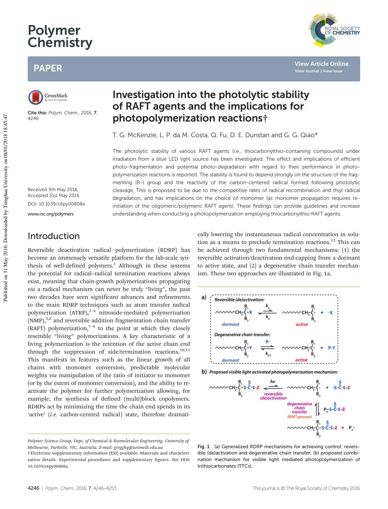 Investigation into the photolytic stability of RAFT agents and the implications for photopolymerization reactions by T. G. McKenzie L. P. da M. Costa Q. Fu D. E. Dunstan G. G. Qiao