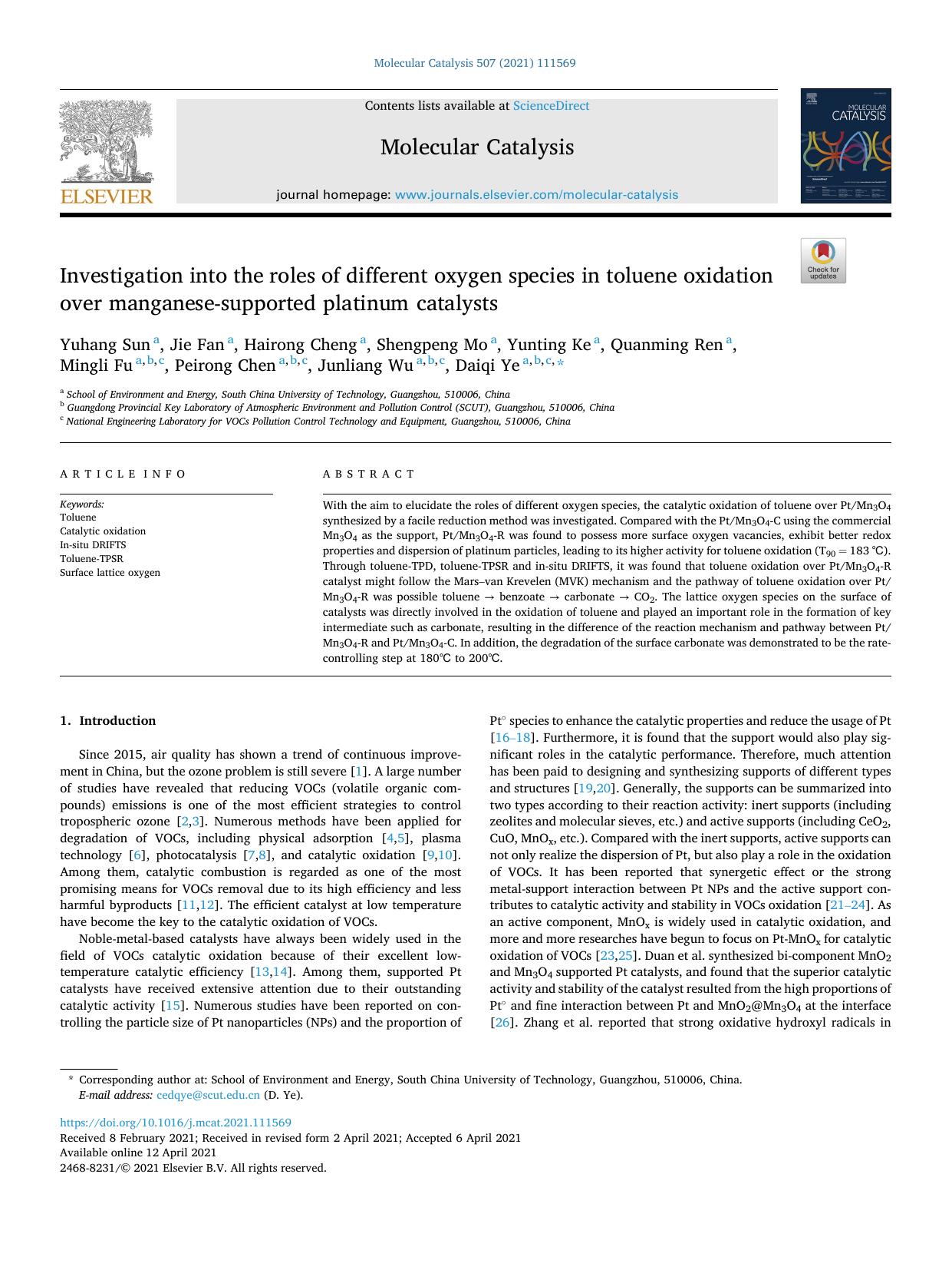 Investigation into the roles of different oxygen species in toluene oxidation over manganese-supported platinum catalysts by unknow