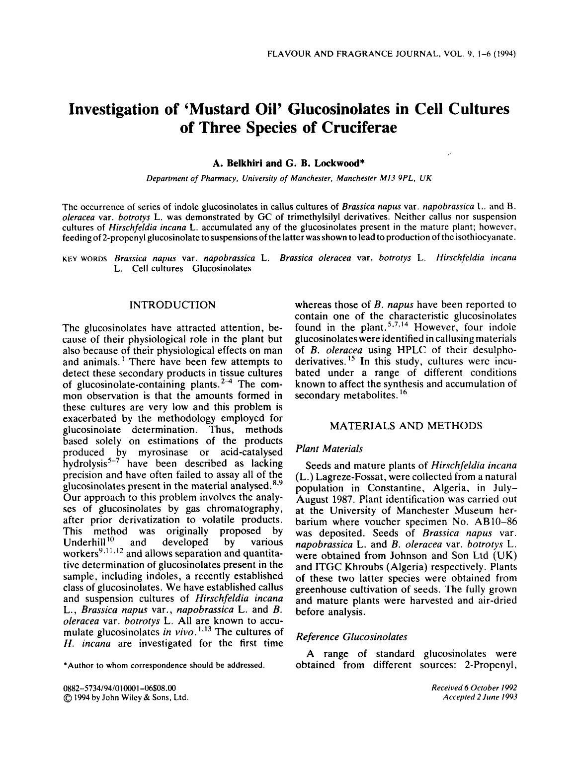 Investigation of "mustard oil" glucosinolates in cell cultures of three species of cruciferae by Unknown