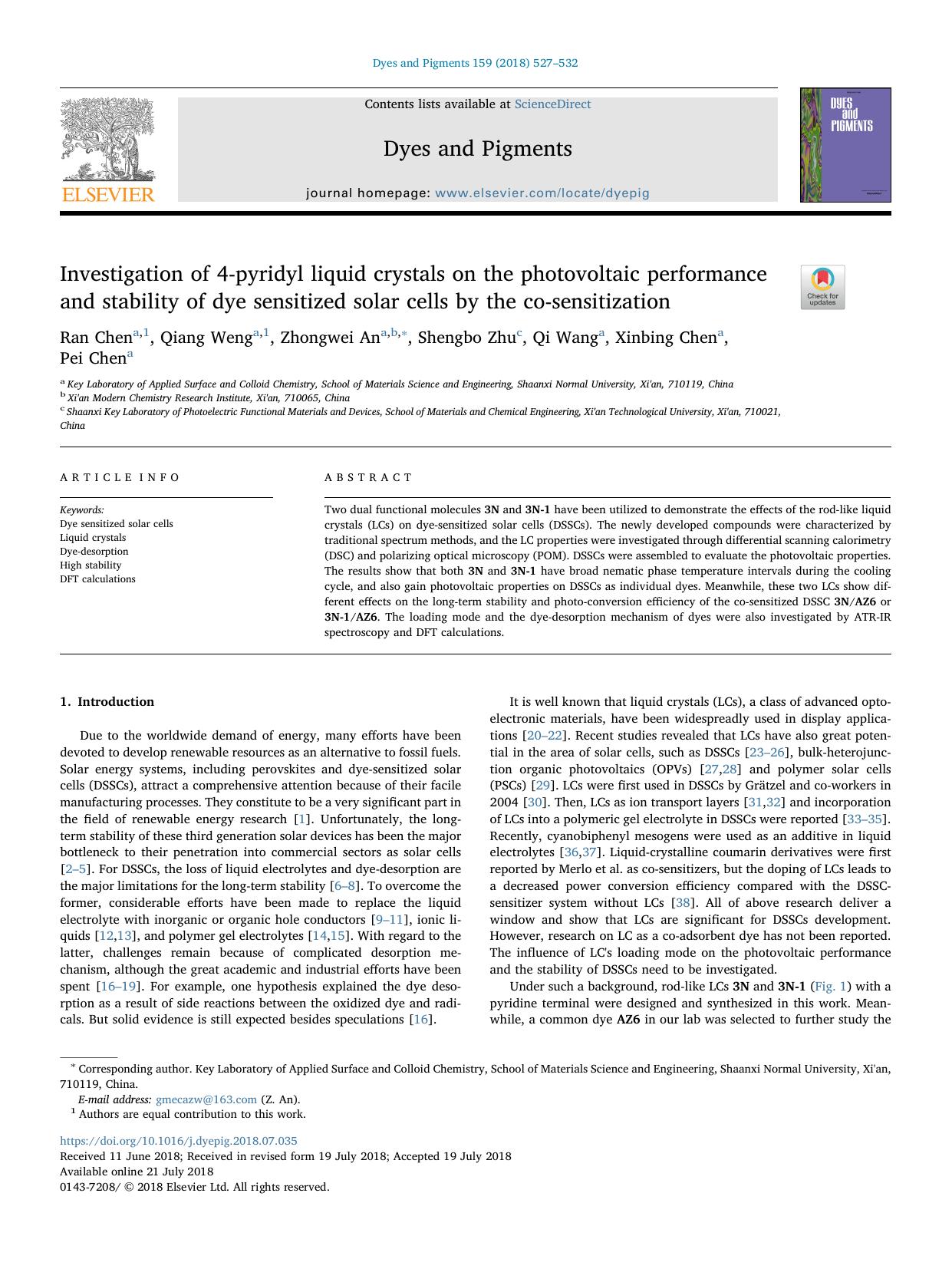 Investigation of 4-pyridyl liquid crystals on the photovoltaic performance and stability of dye sensitized solar cells by the co-sensitization by Ran Chen & Qiang Weng & Zhongwei An & Shengbo Zhu & Qi Wang & Xinbing Chen & Pei Chen