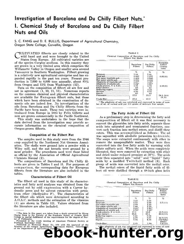 Investigation of Barcelona and Du Chilly filbert nuts. I. Chemical study of Barcelona and Du Chilly filbert nuts and oils by Unknown