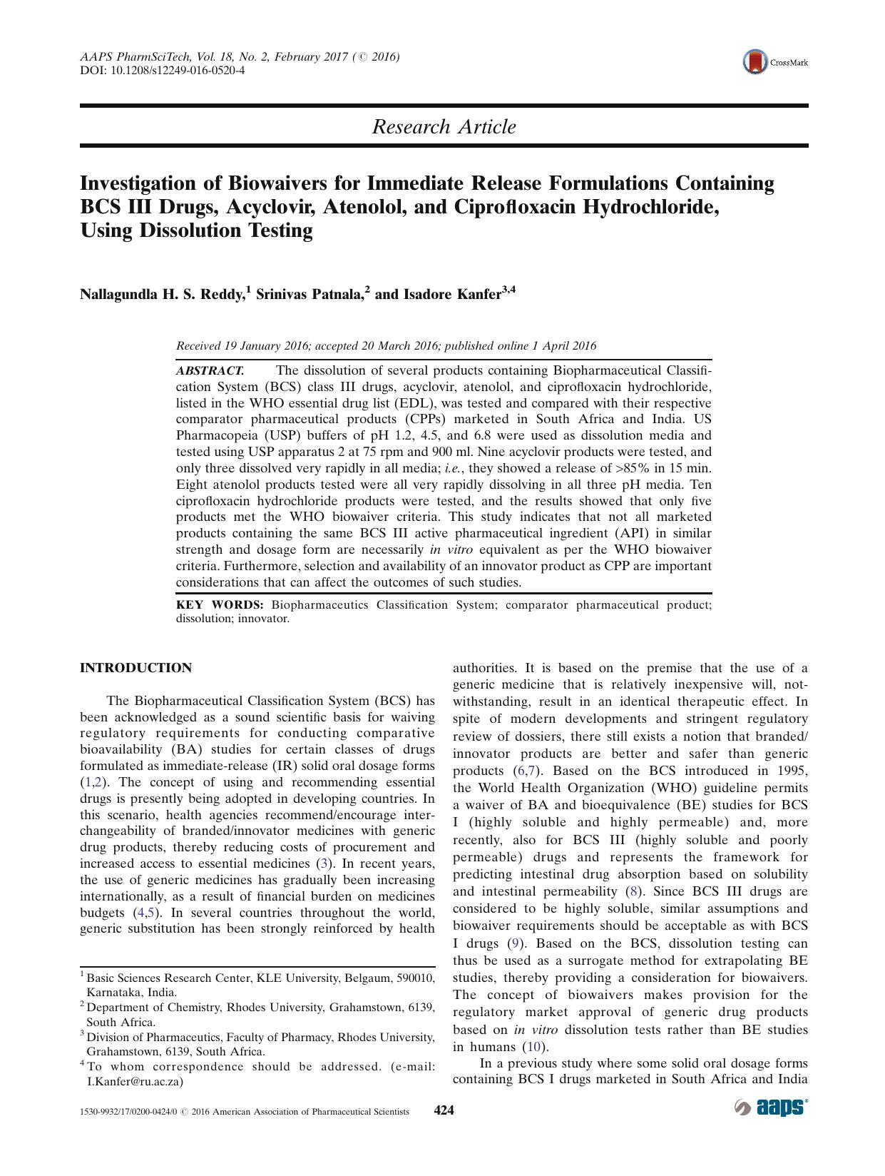 Investigation of Biowaivers for Immediate Release Formulations Containing BCS III Drugs, Acyclovir, Atenolol, and Ciprofloxacin Hydrochloride, Using Dissolution Testing by Nallagundla H. S. Reddy & Srinivas Patnala & Isadore Kanfer