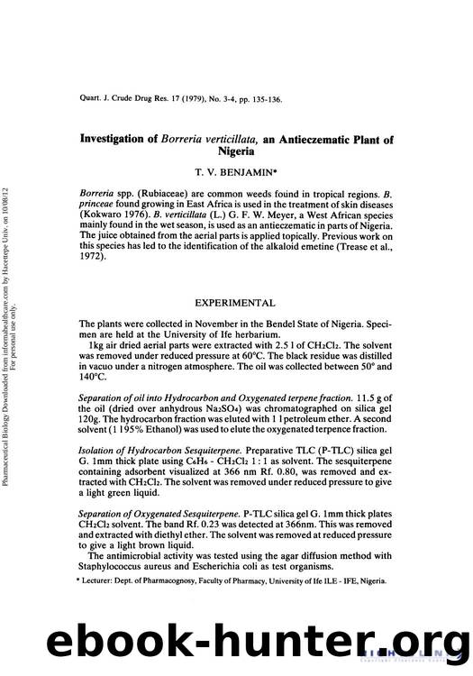 Investigation of Borreria verticillata, an Antieczematic Plant of Nigeria by T. V. Benjamin