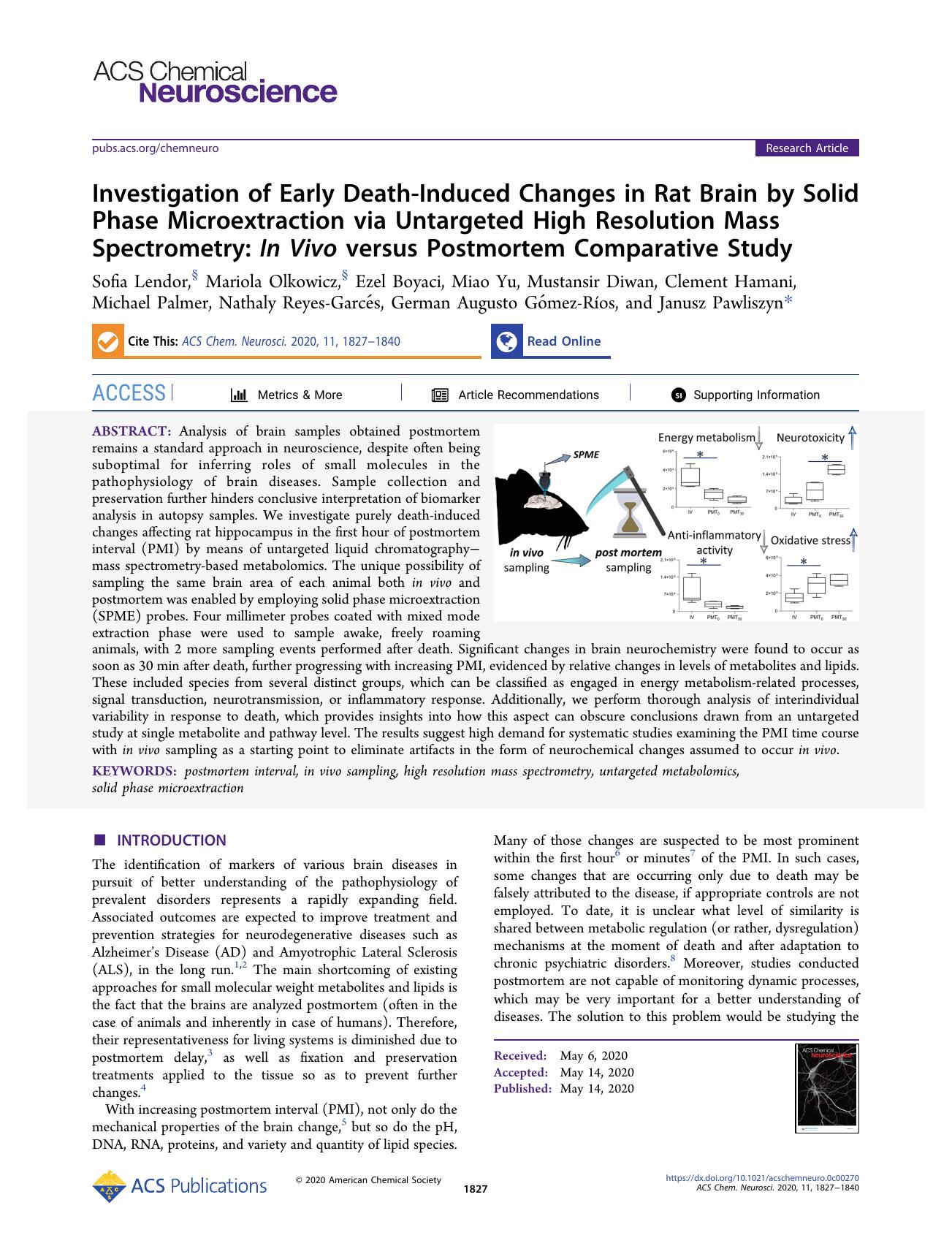 Investigation of Early Death-Induced Changes in Rat Brain by Solid Phase Microextraction via Untargeted High Resolution Mass Spectrometry: In Vivo versus Postmortem Comparative Study by unknow