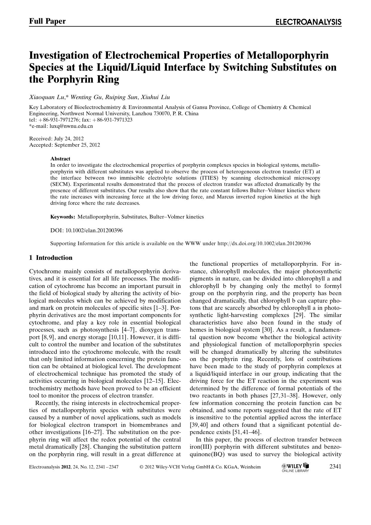 Investigation of Electrochemical Properties of Metalloporphyrin Species at the LiquidLiquid Interface by Switching Substitutes on the Porphyrin Ring by Unknown