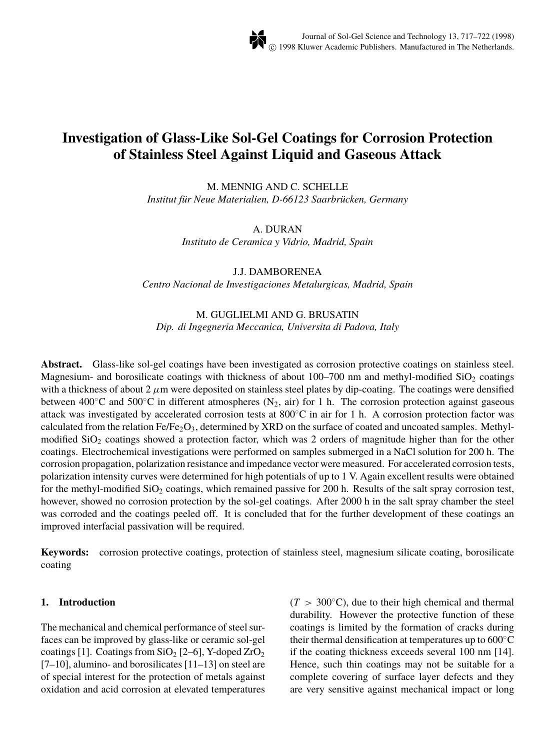 Investigation of Glass-Like Sol-Gel Coatings for Corrosion Protection of Stainless Steel Against Liquid and Gaseous Attack by Unknown