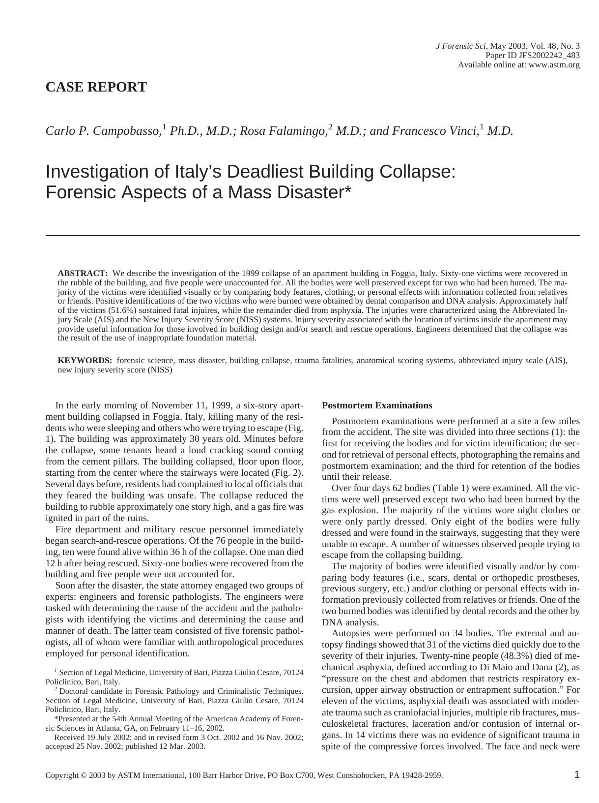 Investigation of Italy's deadliest building collapse: forensic aspects of a mass disaster by Campobasso CP Falamingo R Vinci F