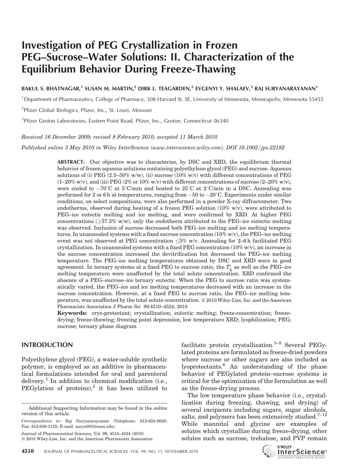 Investigation of PEG crystallization in frozen PEG?sucrose?water solutions: II. Characterization of the equilibrium behavior during freeze?thawing by Unknown