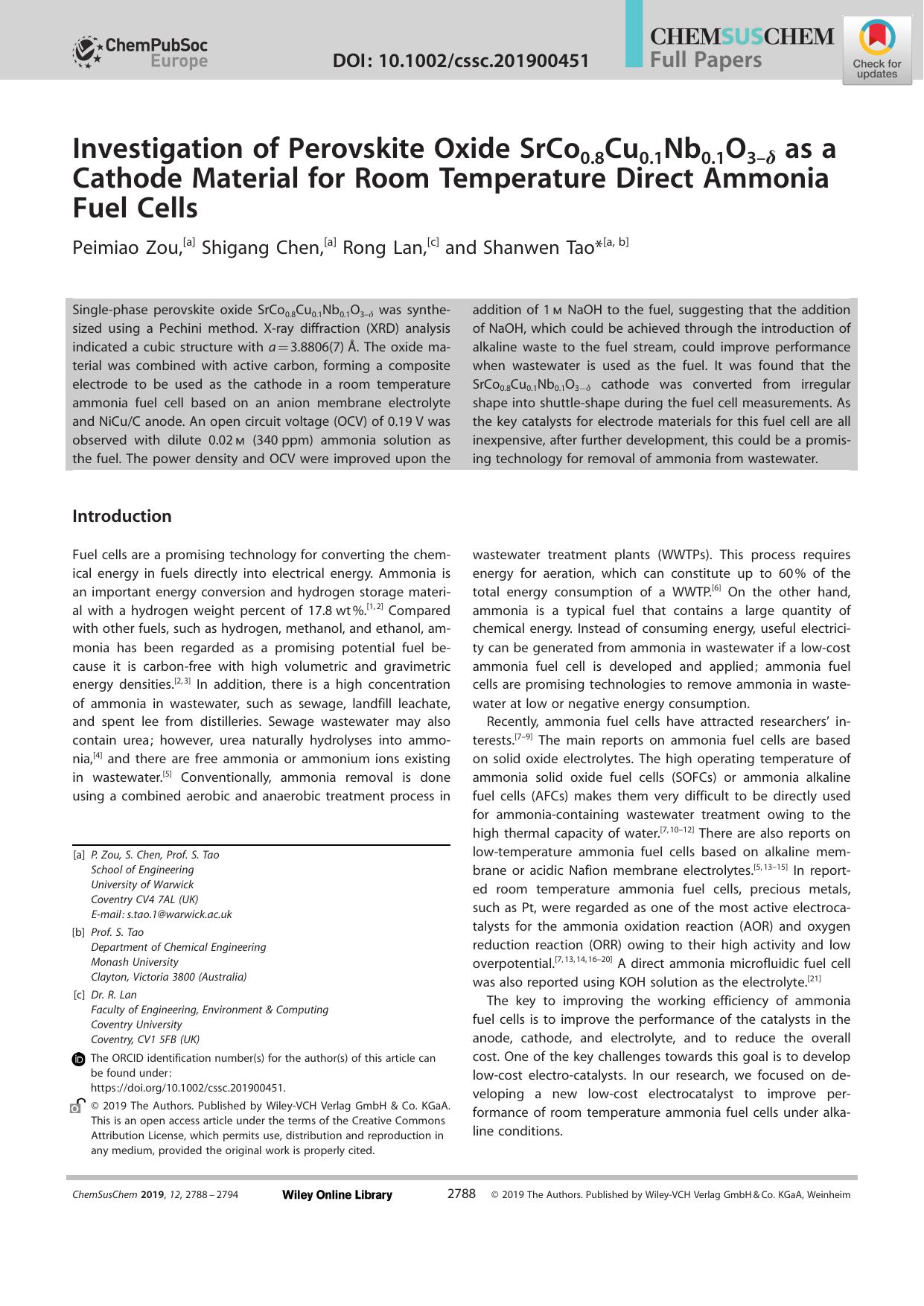 Investigation of Perovskite Oxide SrCo0.8Cu0.1Nb0.1O3âÎ´ as a Cathode Material for Room Temperature Direct Ammonia Fuel Cells by Unknown
