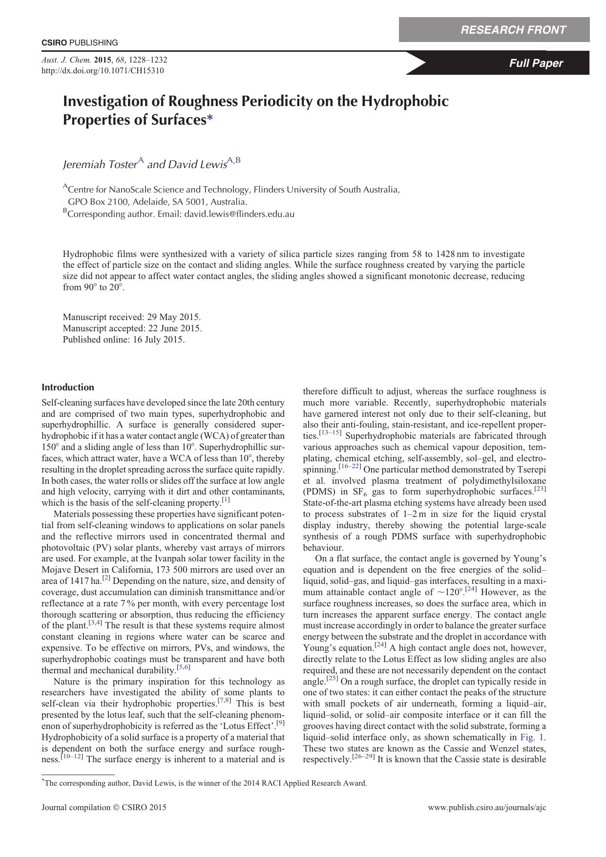Investigation of Roughness Periodicity on the Hydrophobic Properties of Surfaces* by J. Toster and D. Lewis
