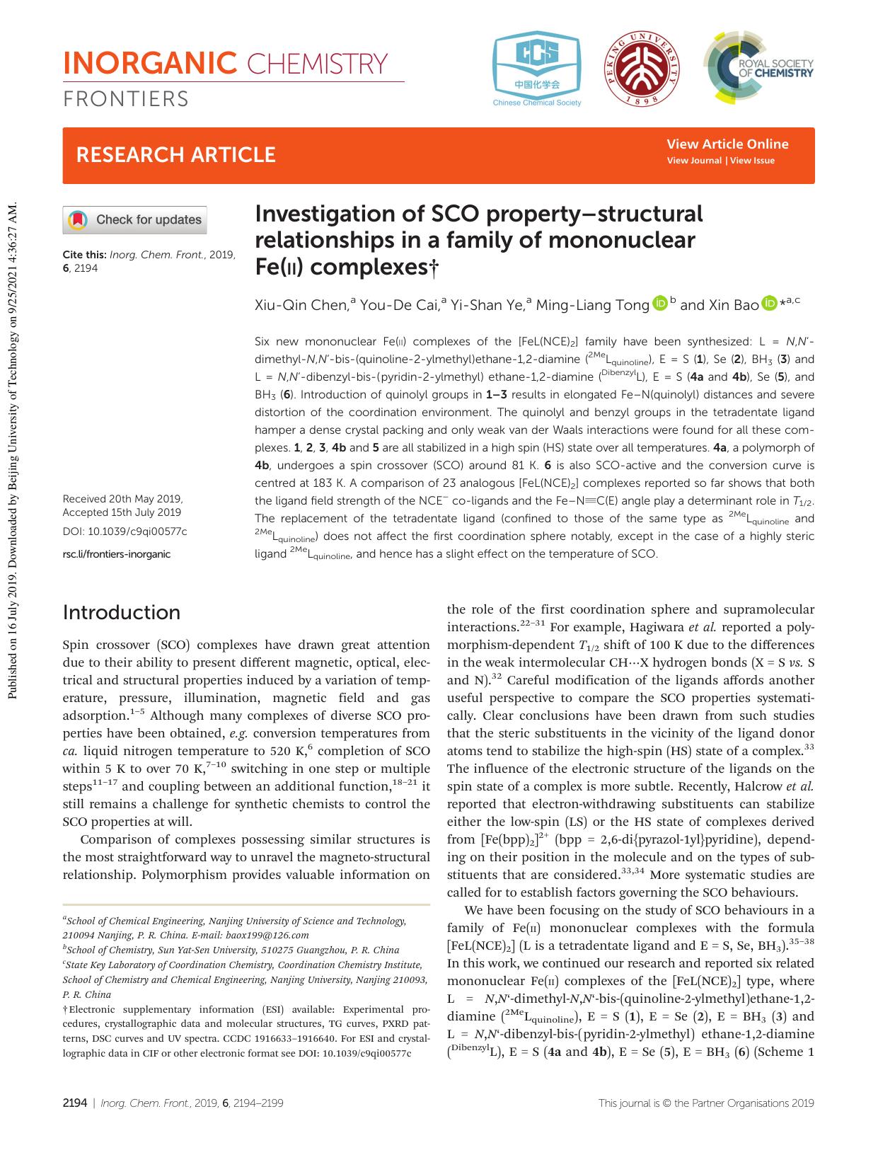 Investigation of SCO propertyâstructural relationships in a family of mononuclear Fe(II) complexes by Xiu-Qin Chen You-De Cai Yi-Shan Ye Ming-Liang Tong Xin Bao