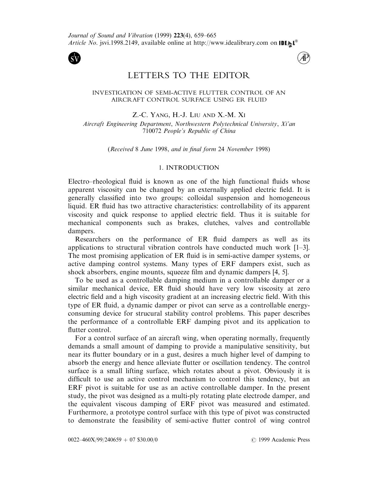 Investigation of Semi-active Flutter Control of an Aircraft Control Surface Using ER Fluid by Yang Z.-C. et al