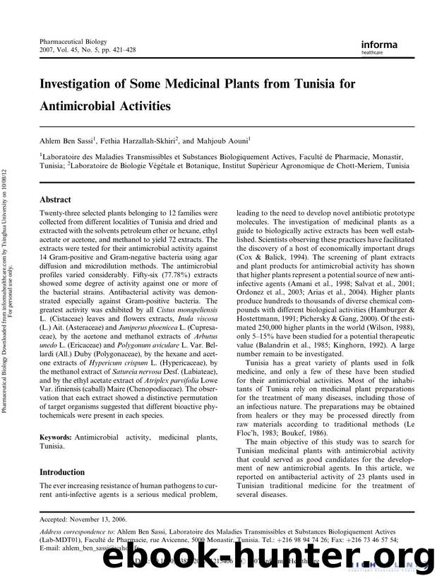 Investigation of Some Medicinal Plants from Tunisia for Antimicrobial Activities by Ahlem Ben Sassi Fethia Harzallah-Skhiri & Mahjoub Aouni