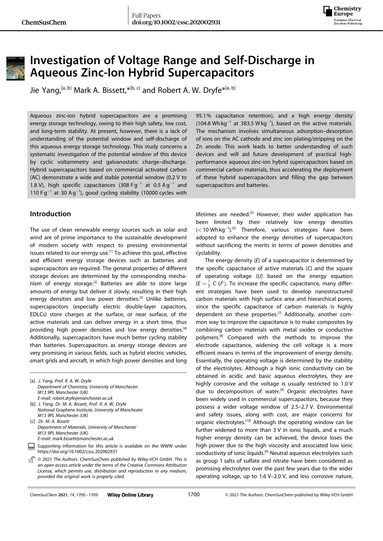 Investigation of Voltage Range and SelfâDischarge in Aqueous ZincâIon Hybrid Supercapacitors by Unknown