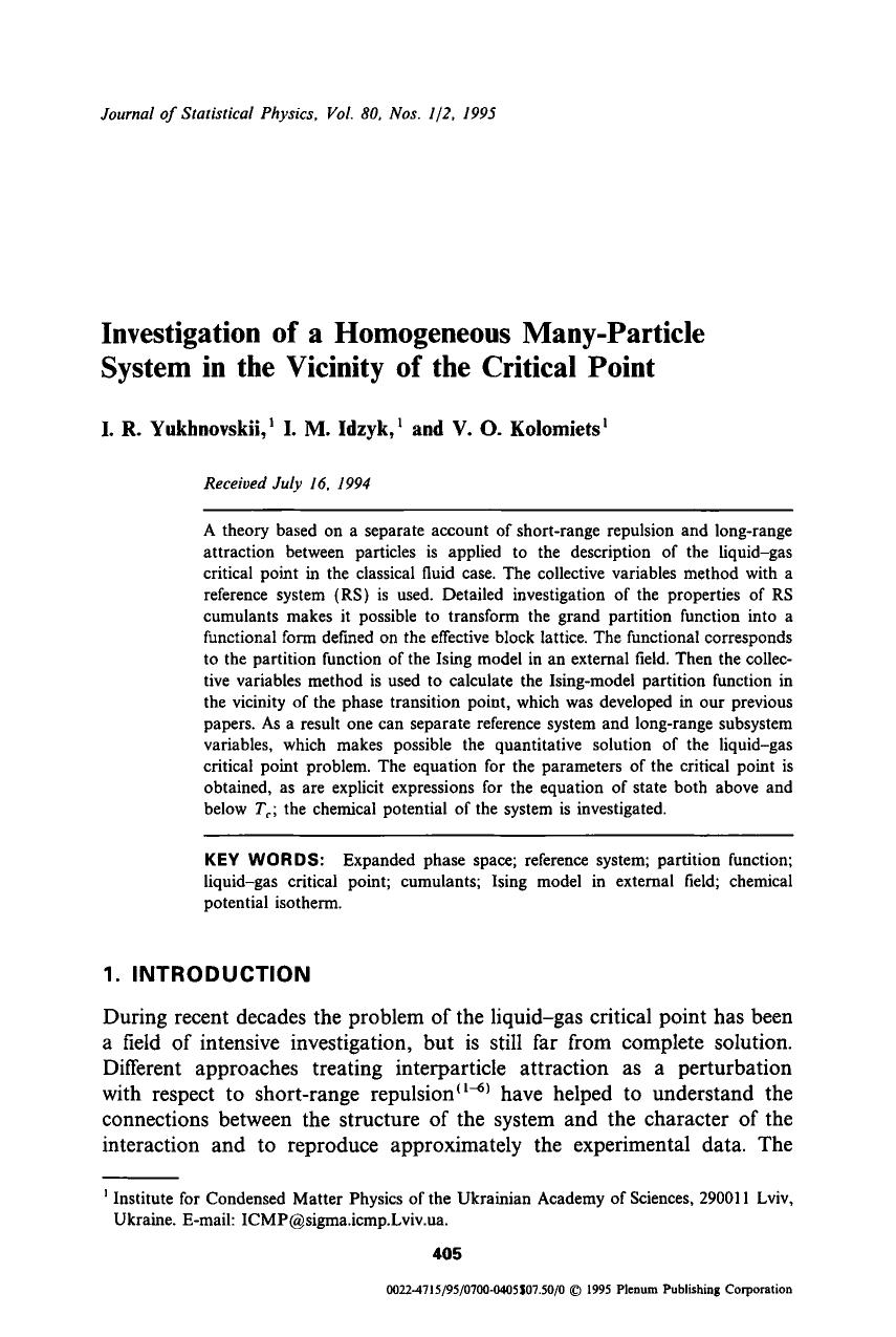 Investigation of a homogeneous many-particle system in the vicinity of the critical point by Unknown