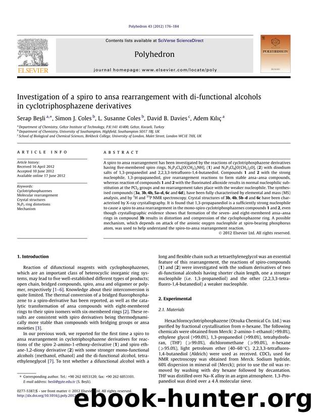 Investigation of a spiro to ansa rearrangement with di-functional alcohols in cyclotriphosphazene derivatives by Serap BeÅŸli & Simon J. Coles & L. Susanne Coles & David B. Davies & Adem Kılıç
