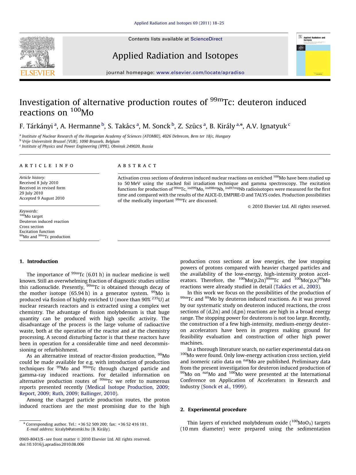 Investigation of alternative production routes of 99mTc deuteron induced reactions on 100Mo by F. Tárkányi & A. Hermanne & S. Takács & M. Sonck & Z. Szűcs & B. Király & A.V. Ignatyuk