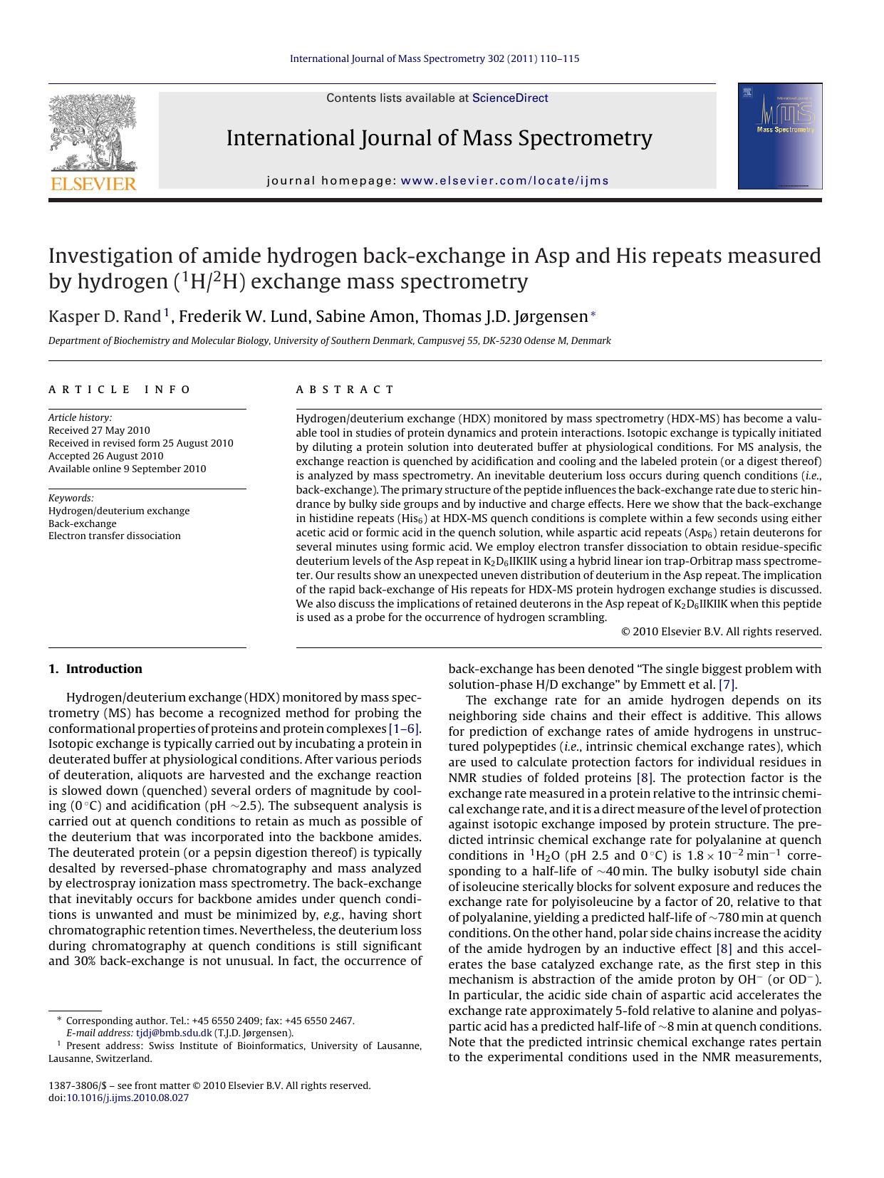 Investigation of amide hydrogen back-exchange in Asp and His repeats measured by hydrogen (1H2H) exchange mass spectrometry by Kasper D. Rand