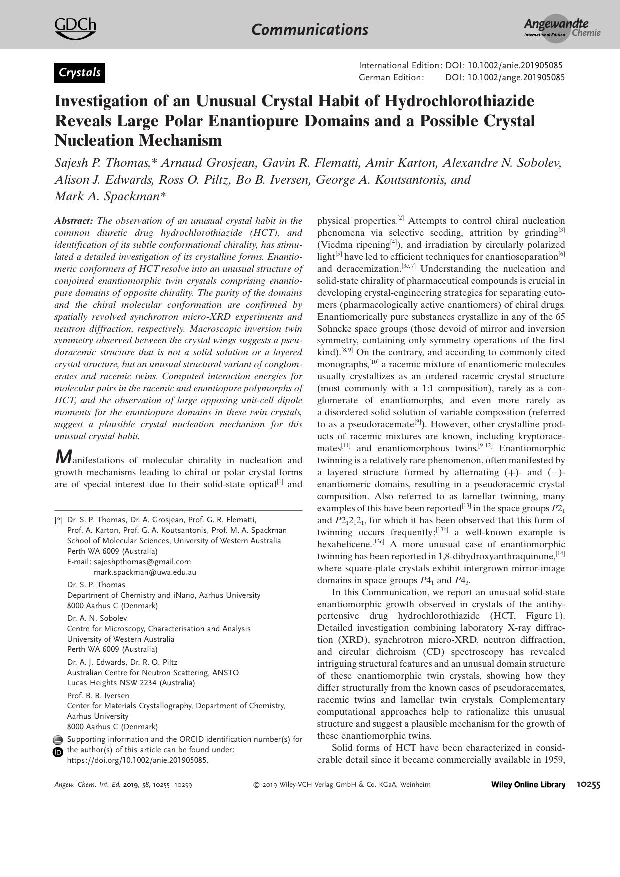 Investigation of an Unusual Crystal Habit of Hydrochlorothiazide Reveals Large Polar Enantiopure Domains and a Possible Crystal Nucleation Mechanism by Unknown