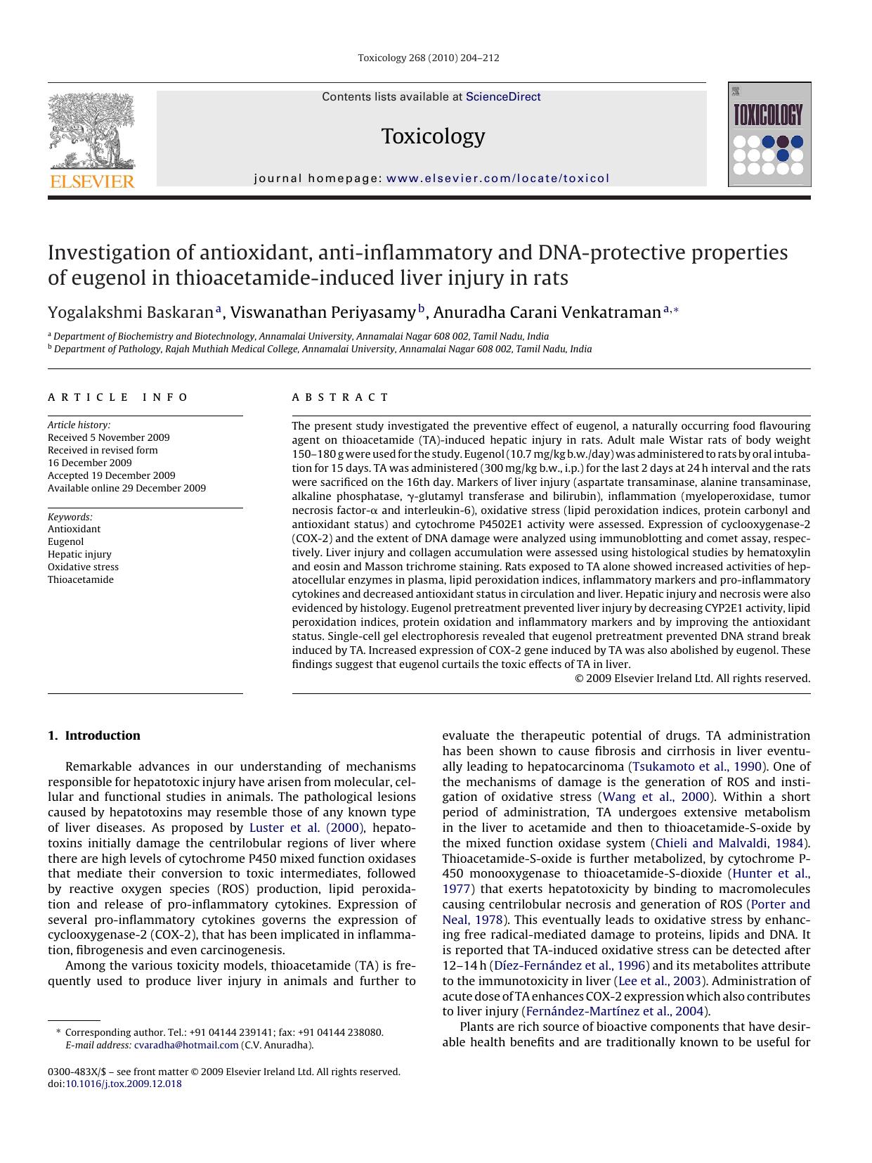 Investigation of antioxidant, anti-inflammatory and DNA-protective properties of eugenol in thioacetamide-induced liver injury in rats by Yogalakshmi Baskaran; Viswanathan Periyasamy; Anuradha Carani Venkatraman