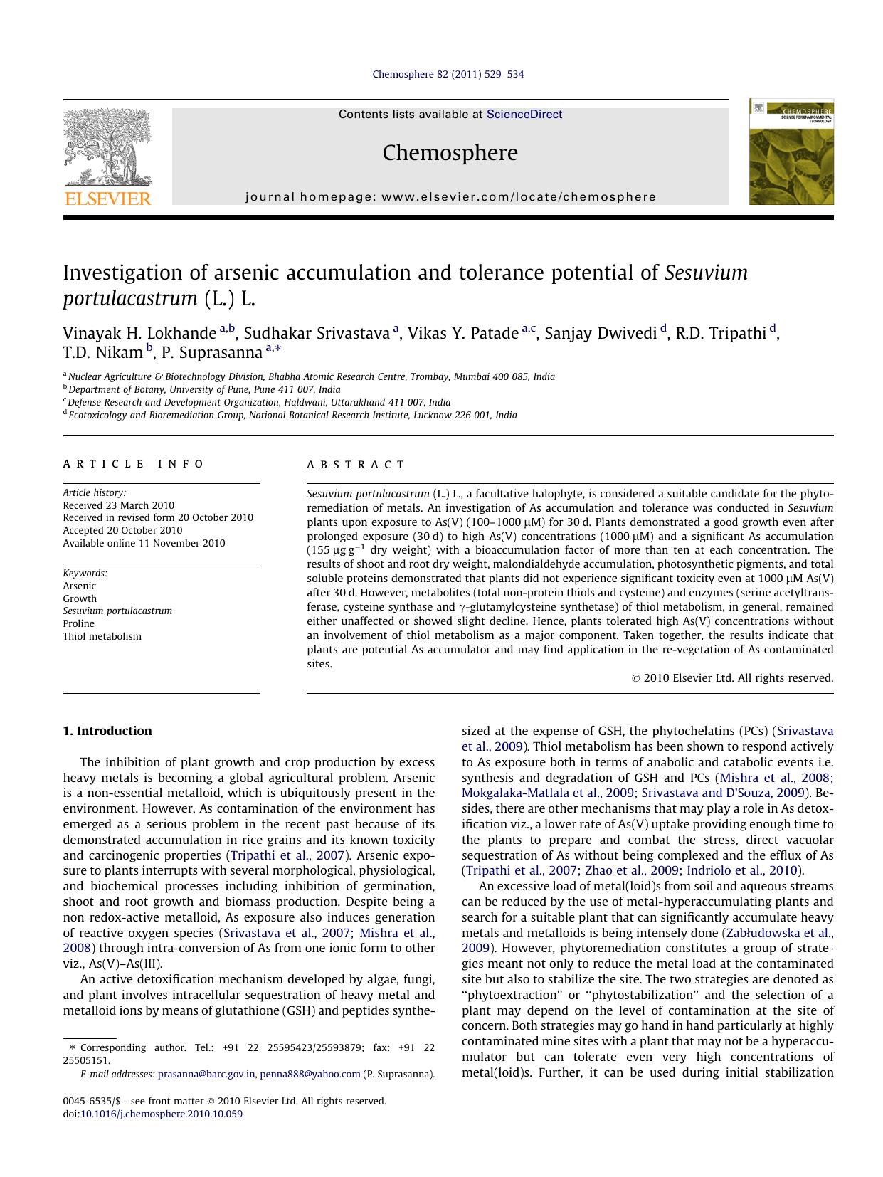 Investigation of arsenic accumulation and tolerance potential of Sesuvium portulacastrum (L.) L. by unknow