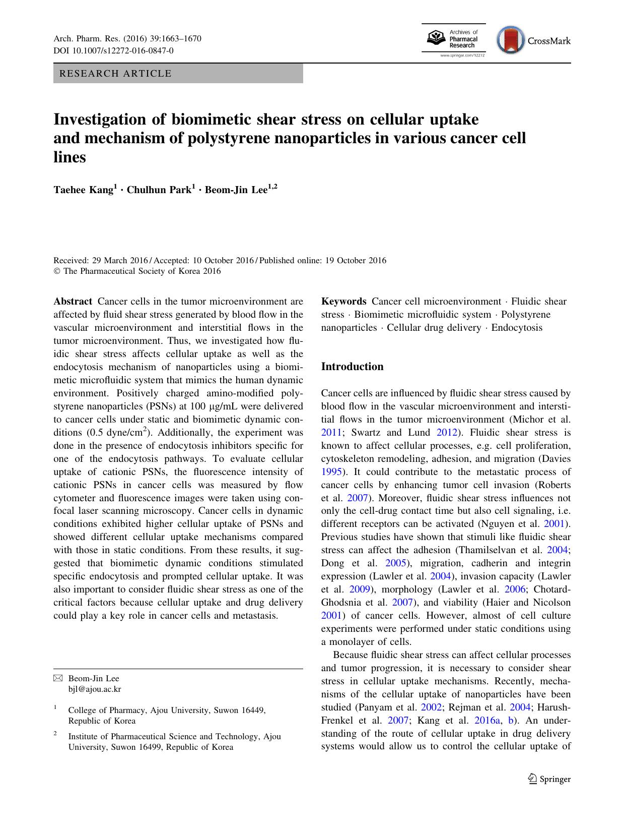 Investigation of biomimetic shear stress on cellular uptake and mechanism of polystyrene nanoparticles in various cancer cell lines by Taehee Kang & Chulhun Park & Beom-Jin Lee