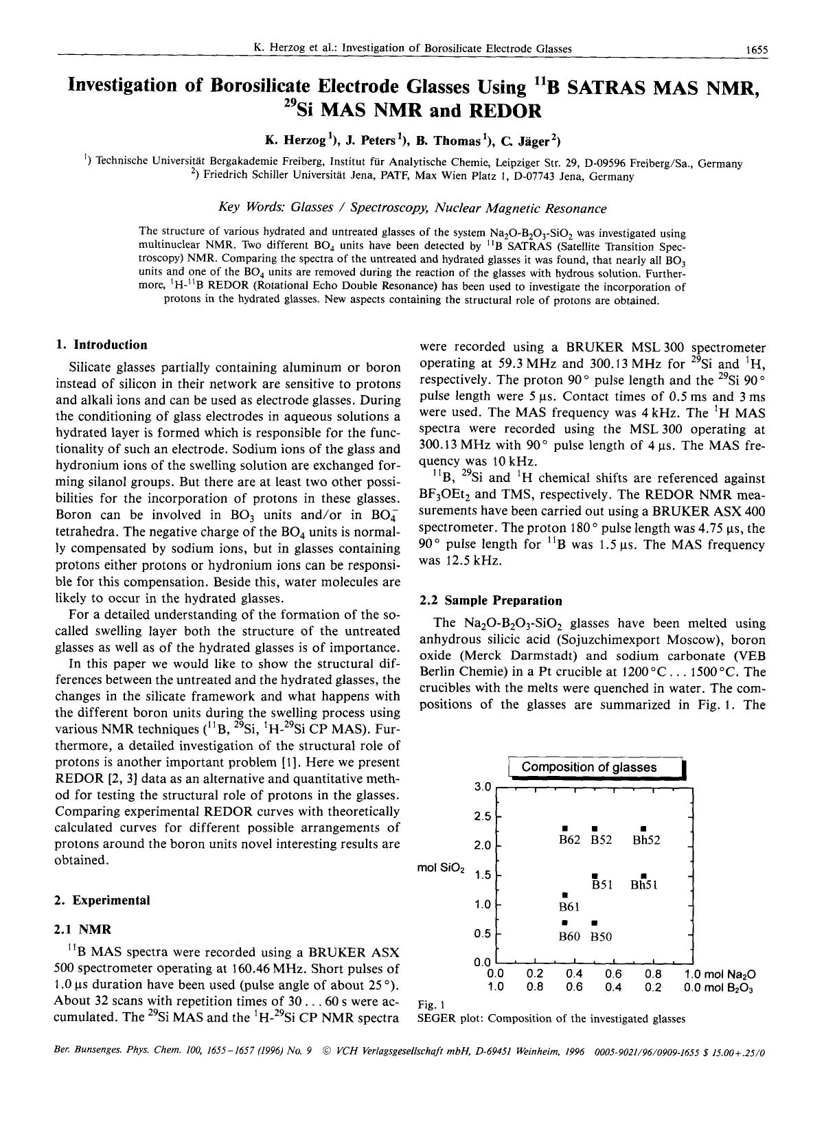 Investigation of borosilicate electrode glasses using 11B SATRAS MAS NMR, 29Si MAS NMR and REDOR by Unknown
