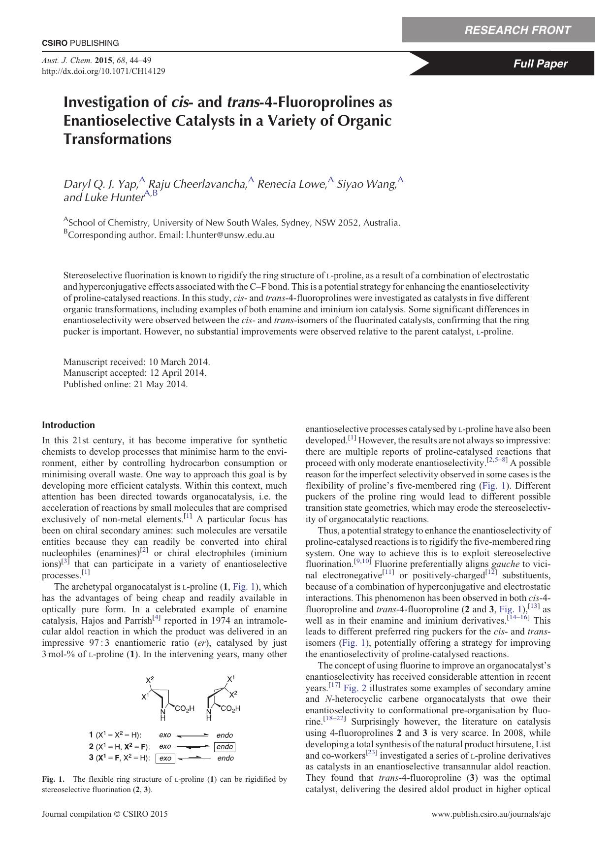 Investigation of cis- and trans-4-Fluoroprolines as Enantioselective Catalysts in a Variety of Organic Transformations by D. Q. J. Yap et al