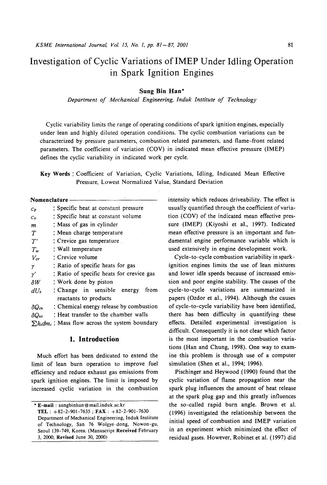 Investigation of cyclic variations of IMEP under idling operation in spark ignition engines by Unknown