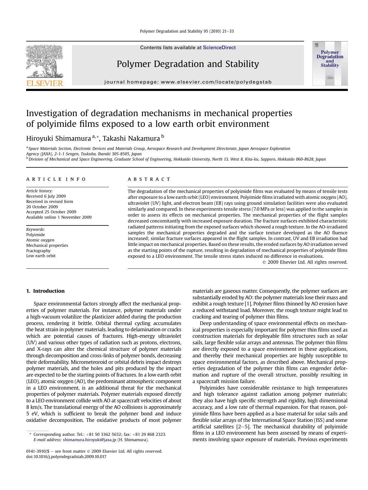 Investigation of degradation mechanisms in mechanical properties of polyimide films exposed to a low earth orbit environment by Hiroyuki Shimamura; Takashi Nakamura