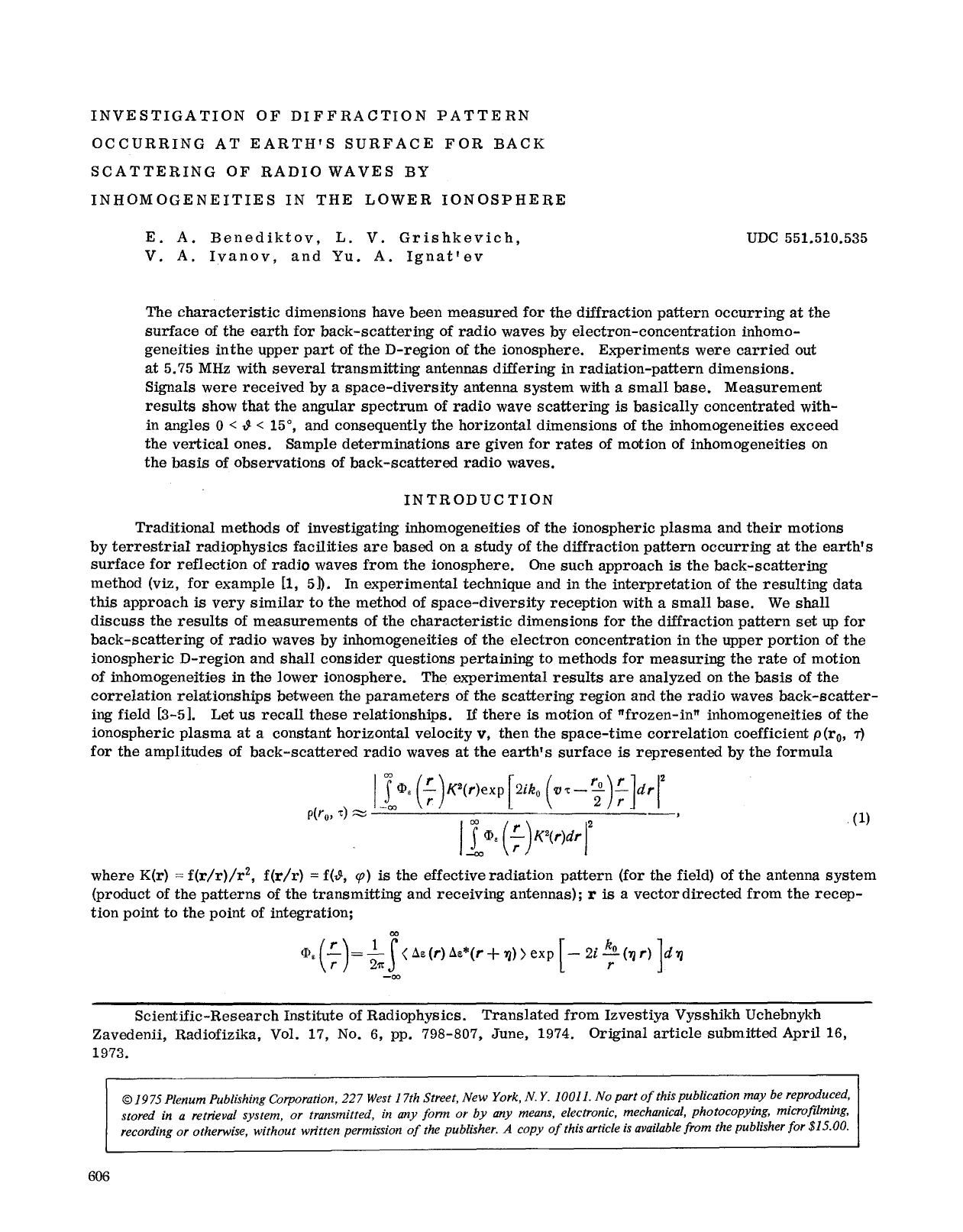 Investigation of diffraction pattern occurring at earth's surface for back scattering of radio waves by inhomogeneities in the lower ionosphere by Unknown