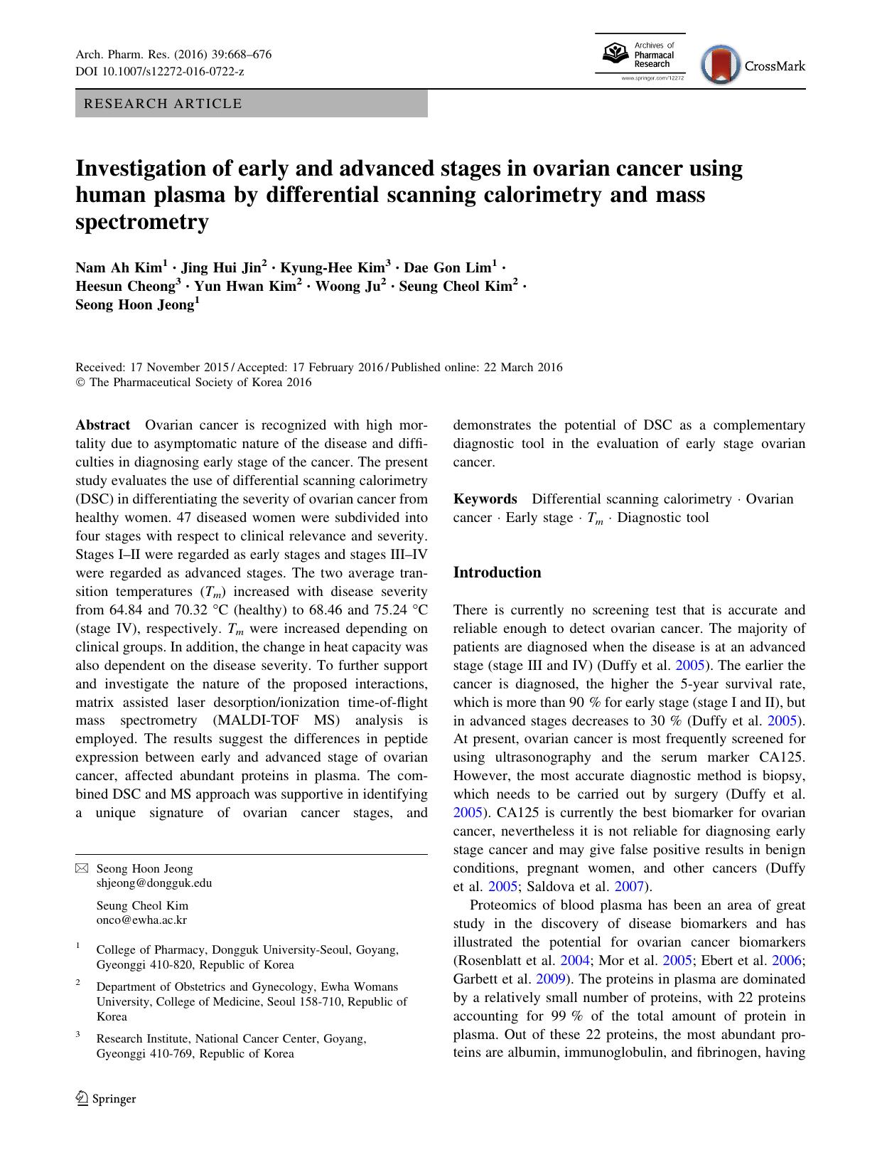 Investigation of early and advanced stages in ovarian cancer using human plasma by differential scanning calorimetry and mass spectrometry by unknow